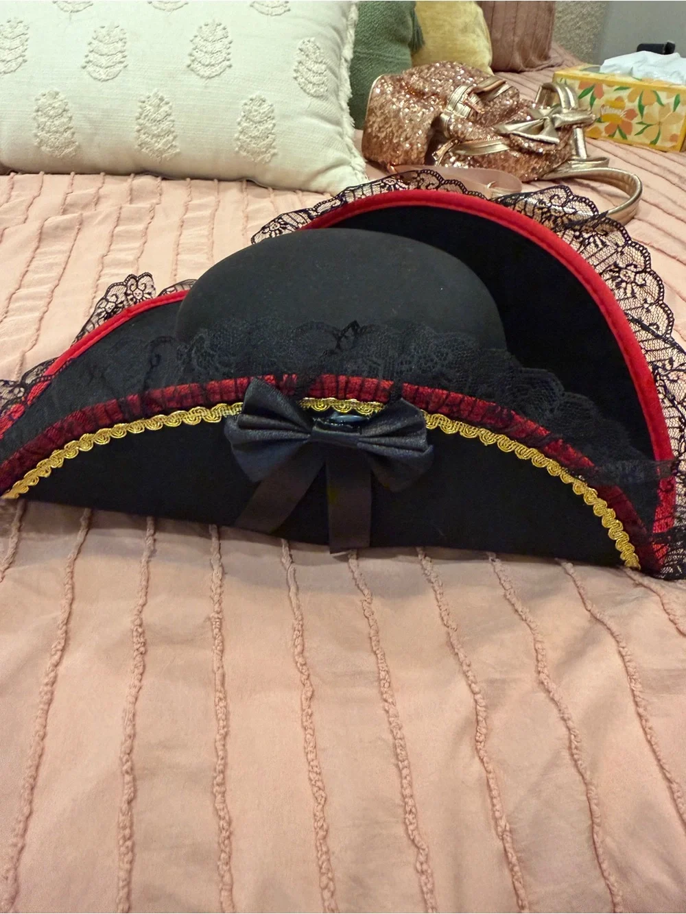 Black and Red Pirate Hat with Lace Trim